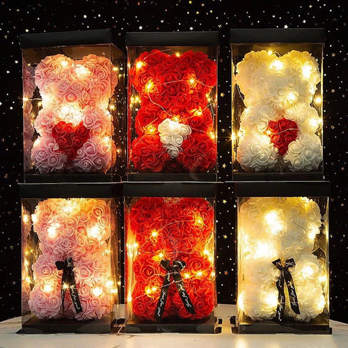 Ours en Rose Artificielle 25cm avec Boîte