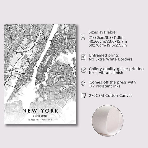 Poster Carte Ville Noir et Blanc Paris New York