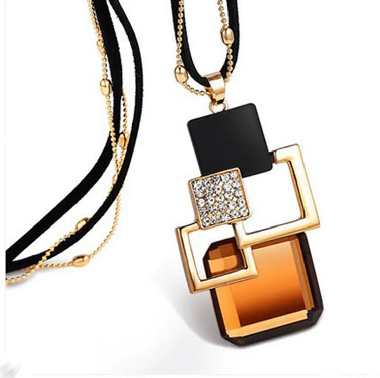 Collier Femme Cristal Bleu Gris Géométrique Long