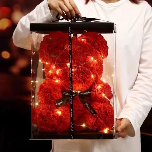 Ours en Rose Artificielle 25cm avec Boîte