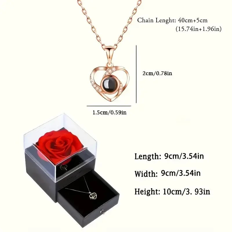 Boîte Cadeau Rose Rouge Éternelle avec Collier Cœur Doré