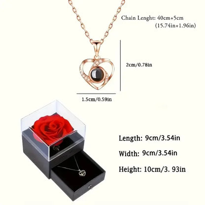 Boîte Cadeau Rose Rouge Éternelle avec Collier Cœur Doré