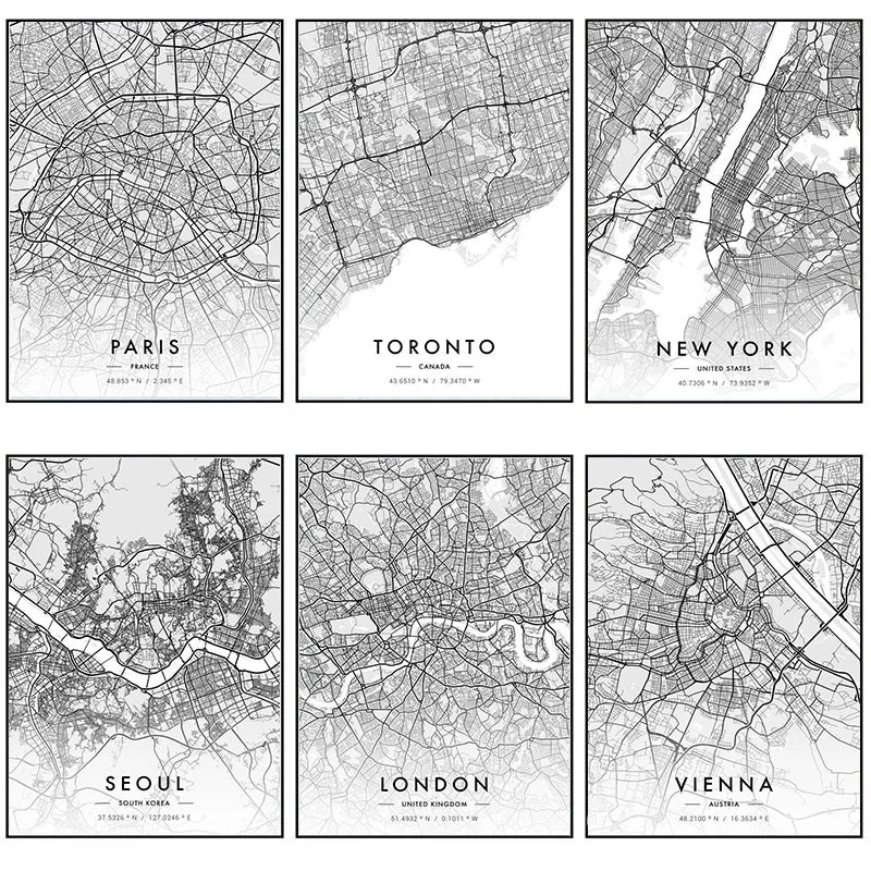 Poster Carte de Ville Noir et Blanc Paris New York