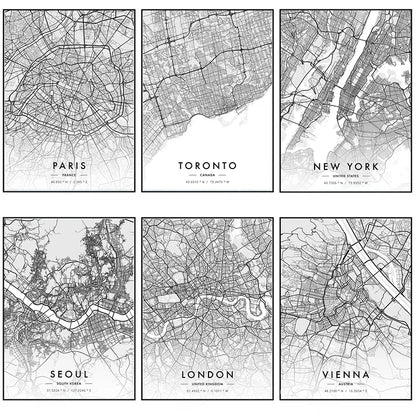 Poster Carte de Ville Noir et Blanc Paris New York