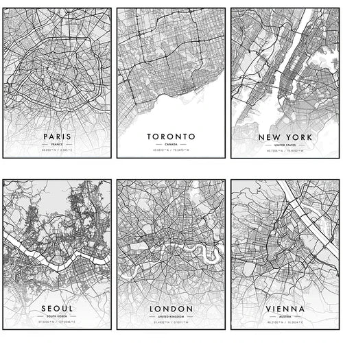 Poster Carte Ville Noir et Blanc Paris New York