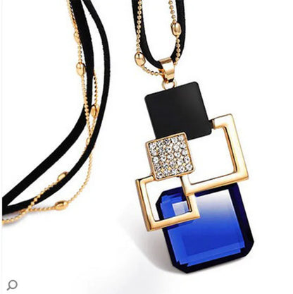 Collier Femme Cristal Bleu Gris Géométrique Long