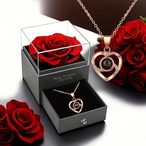 Boîte Cadeau Rose Rouge Éternelle avec Collier Cœur Doré