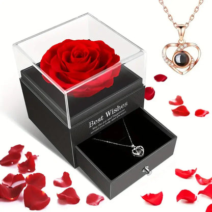 Boîte Cadeau Rose Rouge Éternelle avec Collier Cœur Doré