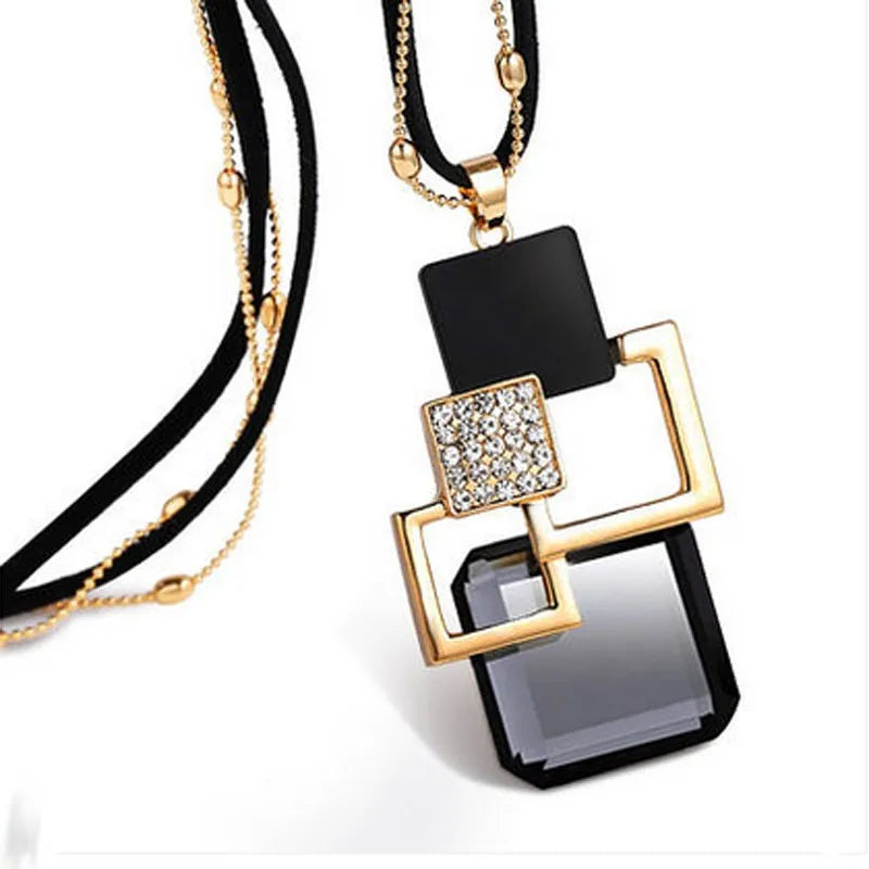 Collier Femme Cristal Bleu Gris Géométrique Long